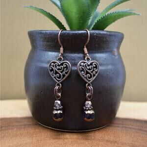 Filigree Copper Heart Shaped Dangly Pierced Earrings Boho Earthy Whimsy Cottage